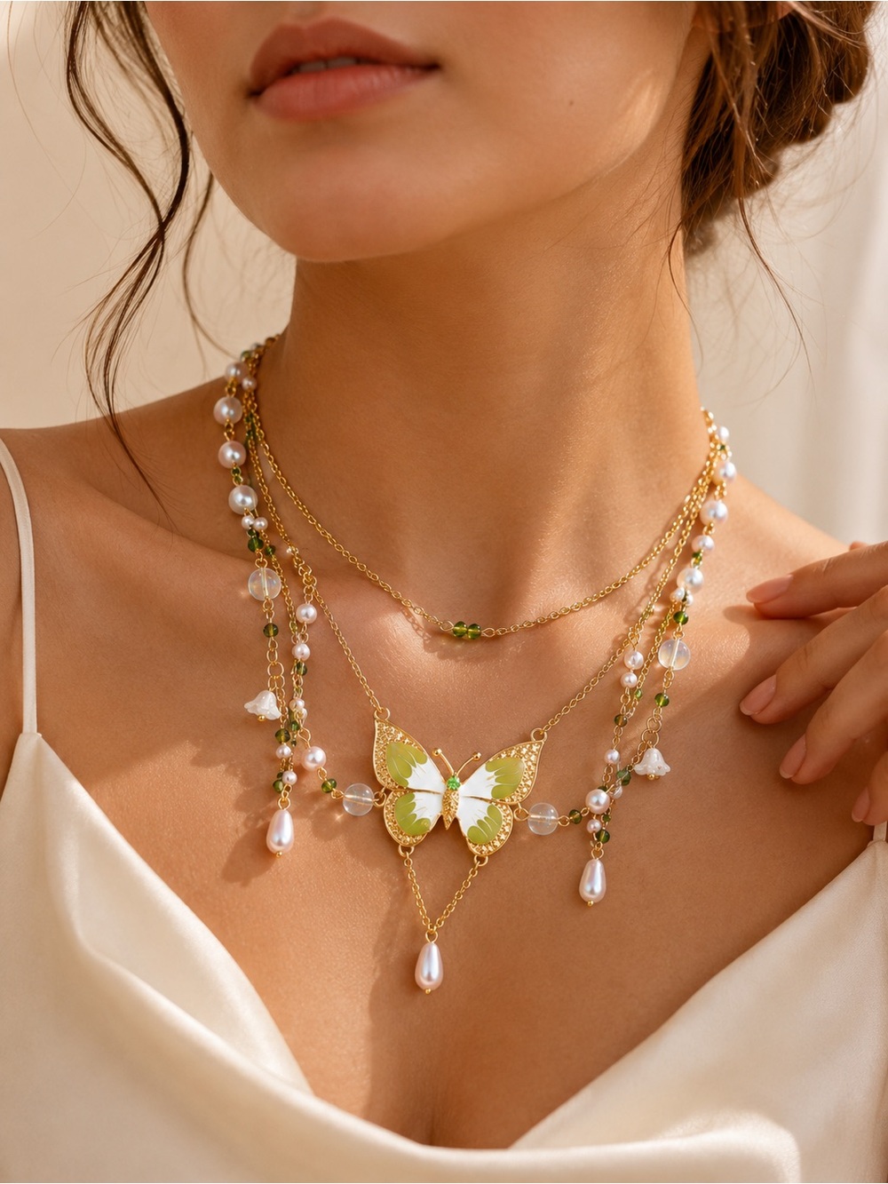 Green Butterfly Layered Pearl Necklace – Gold Tone Statement Jewelry